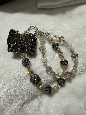 Handmade Beaded Bow Keychain Charm - Black and Gold with Silver Hardware